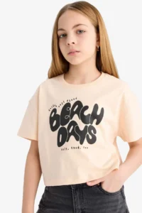 DeFacto Crew Neck Printed Short Sleeve T-Shirt Girls