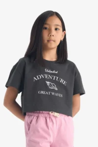 DeFacto Crop Crew Neck Printed Short Sleeve T-Shirt Girls - Image 4