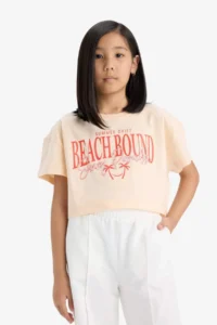 DeFacto Crop Crew Neck Printed Short Sleeve T-Shirt Girls - Image 3