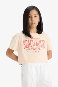 DeFacto Crop Crew Neck Printed Short Sleeve T-Shirt Girls - Image 4