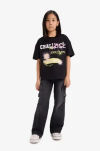DeFacto Oversize Wide Fit Crew Neck Printed Short Sleeve T-Shirt Girl Child - Image 2