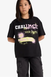 DeFacto Oversize Wide Fit Crew Neck Printed Short Sleeve T-Shirt Girl Child - Image 3