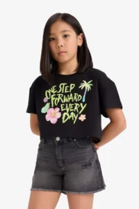DeFacto Crop Crew Neck Printed Short Sleeve T-Shirt Girl Child - Image 3