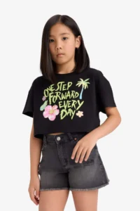 DeFacto Crop Crew Neck Printed Short Sleeve T-Shirt Girl Child - Image 4