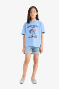 DeFacto Relax Fit Crew Neck Printed Short Sleeve T-Shirt Girls - Image 2
