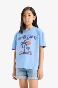DeFacto Relax Fit Crew Neck Printed Short Sleeve T-Shirt Girls - Image 3