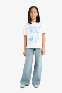DeFacto Relax Fit Palm Tree Printed Crew Neck Short Sleeve T-Shirt for Girls - Image 2