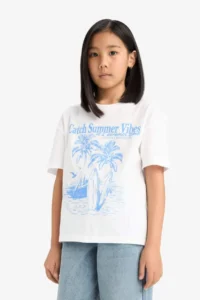 DeFacto Relax Fit Palm Tree Printed Crew Neck Short Sleeve T-Shirt for Girls - Image 3