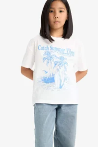 DeFacto Relax Fit Palm Tree Printed Crew Neck Short Sleeve T-Shirt for Girls - Image 4