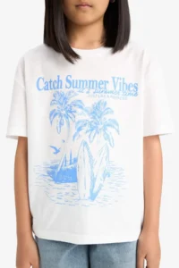 DeFacto Relax Fit Palm Tree Printed Crew Neck Short Sleeve T-Shirt for Girls - Image 5