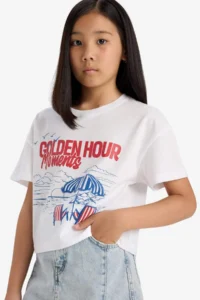 DeFacto Boxy Fit Crew Neck Printed Short Sleeve T-Shirt Girl Child