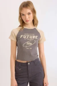 DeFacto Fitted Crew Neck Printed Ribbed Camisole Short Sleeve T-Shirt