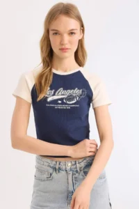 DeFacto Fitted Crew Neck Printed Ribbed Camisole Short Sleeve T-Shirt