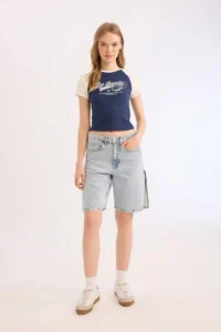 DeFacto Fitted Crew Neck Printed Ribbed Camisole Short Sleeve T-Shirt - Image 2