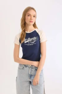 DeFacto Fitted Crew Neck Printed Ribbed Camisole Short Sleeve T-Shirt - Image 3