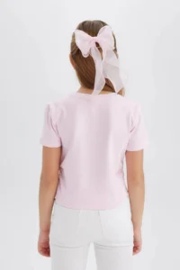 DeFacto Slim Fit Narrow Cut Crew Neck Heart Patterned Ribbed Short Sleeve T-Shirt Girl Child - Image 2