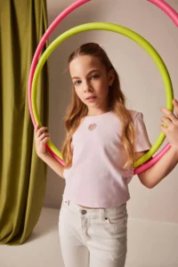 DeFacto Slim Fit Narrow Cut Crew Neck Heart Patterned Ribbed Short Sleeve T-Shirt Girl Child - Image 5