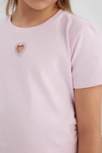 DeFacto Slim Fit Narrow Cut Crew Neck Heart Patterned Ribbed Short Sleeve T-Shirt Girl Child - Image 6