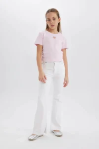 DeFacto Slim Fit Narrow Cut Crew Neck Heart Patterned Ribbed Short Sleeve T-Shirt Girl Child - Image 7