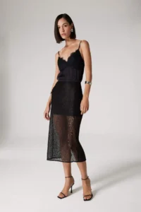 DeFacto Sorbet x Zippered Lace Fabric Basic Plain Slit Midi Black Pencil Skirt - Image 2