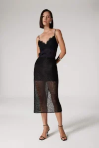 DeFacto Sorbet x Zippered Lace Fabric Basic Plain Slit Midi Black Pencil Skirt - Image 3