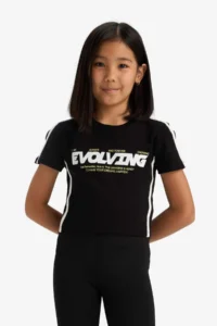 DeFacto Slim Fit Narrow Cut Crew Neck Printed Ribbed Camisole Short Sleeve T-Shirt Girl Child - Image 3
