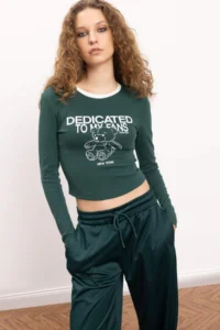 DeFacto Fitted Printed Crew Neck Ribbed Long Sleeve T-Shirt