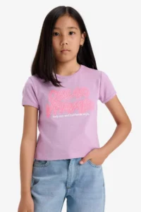 DeFacto Fitted Crew Neck Printed Ribbed Short Sleeve T-Shirt Girl Child - Image 4