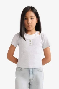DeFacto Cropped Fit Crew Neck Ribbed Short Sleeve T-Shirt Girls - Image 3