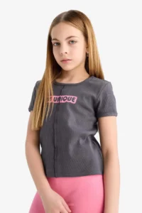 DeFacto Fitted Crew Neck Printed Ribbed Camisole Short Sleeve T-Shirt Girl Child - Image 3
