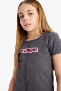 DeFacto Fitted Crew Neck Printed Ribbed Camisole Short Sleeve T-Shirt Girl Child - Image 4