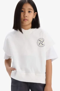 DeFacto Oversize Wide Fit Crew Neck Short Sleeve Printed Sweatshirt Girl Child