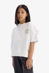 DeFacto Oversize Wide Fit Crew Neck Short Sleeve Printed Sweatshirt Girl Child - Image 4
