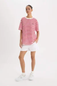 DeFacto Oversize Wide Fit Crew Neck Striped Athlete Short Sleeve T-Shirt - Image 2