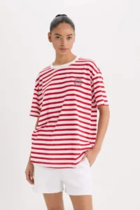 DeFacto Oversize Wide Fit Crew Neck Striped Athlete Short Sleeve T-Shirt - Image 3