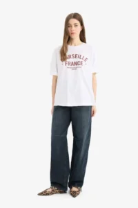 DeFacto Oversize Wide Fit Crew Neck Printed Combed Cotton Short Sleeve T-Shirt - Image 4
