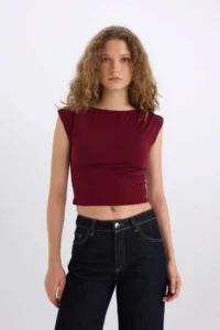 DeFacto Fitted Crew Neck Short Sleeve Claret Red T-Shirt - Image 3