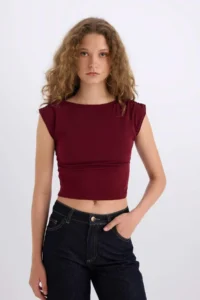 DeFacto Fitted Crew Neck Short Sleeve Claret Red T-Shirt - Image 5