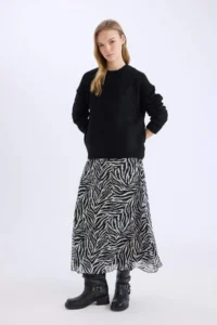 DeFacto Flare Fit Zebra Patterned High Waist Tulle Maxi Skirt - Image 3
