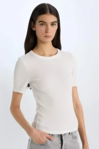 DeFacto Slim Fit Narrow Cut Crew Neck Basic Plain Ribbed Camisole Short Sleeve T-Shirt