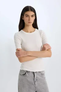 DeFacto Slim Fit Narrow Cut Crew Neck Basic Plain Ribbed Camisole Short Sleeve T-Shirt - Image 3