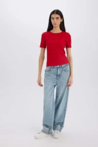 DeFacto Slim Fit Narrow Cut Crew Neck Basic Plain Ribbed Camisole Short Sleeve Red T-Shirt - Image 2