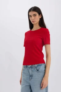 DeFacto Slim Fit Narrow Cut Crew Neck Basic Plain Ribbed Camisole Short Sleeve Red T-Shirt - Image 3