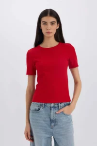 DeFacto Slim Fit Narrow Cut Crew Neck Basic Plain Ribbed Camisole Short Sleeve Red T-Shirt - Image 4