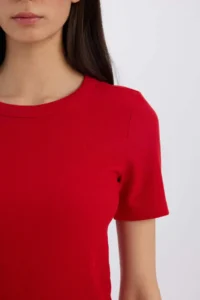 DeFacto Slim Fit Narrow Cut Crew Neck Basic Plain Ribbed Camisole Short Sleeve Red T-Shirt - Image 5