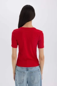 DeFacto Slim Fit Narrow Cut Crew Neck Basic Plain Ribbed Camisole Short Sleeve Red T-Shirt - Image 6
