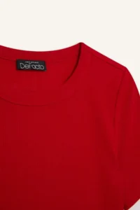 DeFacto Slim Fit Narrow Cut Crew Neck Basic Plain Ribbed Camisole Short Sleeve Red T-Shirt - Image 8