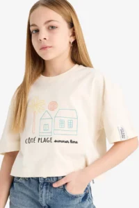 DeFacto Boxy Fit Crew Neck Printed Short Sleeve T-Shirt Girls - Image 3