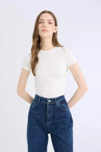 DeFacto Fitted Crew Neck Basic Plain Modal Short Sleeve White T-Shirt 25SP - Image 3