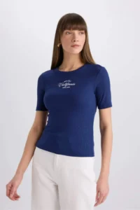 DeFacto Slim Fit Narrow Cut Crew Neck Printed Ribbed Camisole Short Sleeve T-Shirt